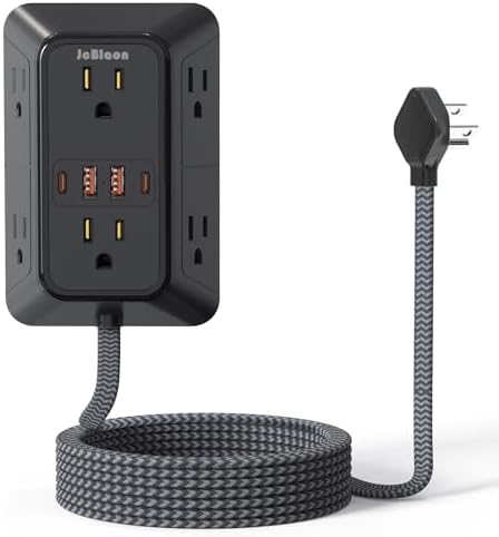 Surge Protector Power Strip with 6 Widely AC Outlets 4 USB Ports(2 USB C), 5 Ft Braided Power Cord, 3-Side Outlet Extender with Overload Protection for Office, Home, Travel Essential-Black-ETL by JcBlaon