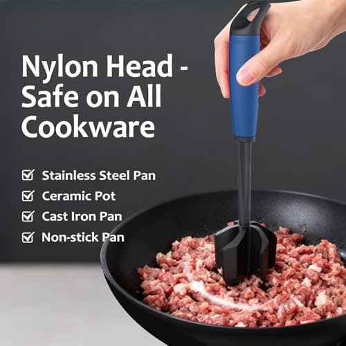 Ourokhome Meat Chopper and Potato Masher, Heat Resistant Nylon Ground Beef Smasher for Hamburger, 5 Curved Blades Nonstick Safe Mixer & Stirrer, Practical Kitchen Gadgets, Navy. - Image 2