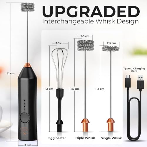 Zulay Kitchen Rechargeable Milk Frother Handheld - Frother Wand, Drink Mixer, Electric Whisk Frother, for Cappuccinos, Matcha & Protein Powder - Dynamic 3 Whisk, 3 Speed 500mAh Black Copper - Image 3