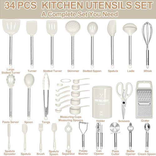 Kitchen Utensils Set-Umite Chef 34 Pcs Silicone Cooking Utensils Set for Nonstick Cookware-Silicone Spatulas Set, Stainless Steel Handle-White Kitchen Gadgets Tools, Pots and Pans Accessories - Image 2