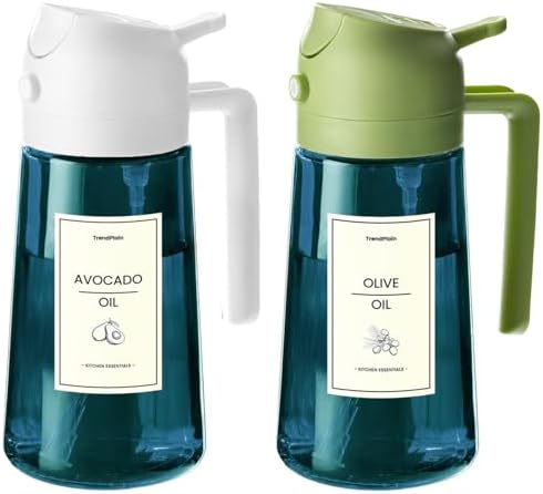 TrendPlain 16oz/470ml Blue Glass Olive Oil Sprayer for Cooking - 2 in 1 Olive Oil Dispenser for Kitchen Gadgets, Air Fryer, Salad, and BBQ - White & Green by TrendPlain