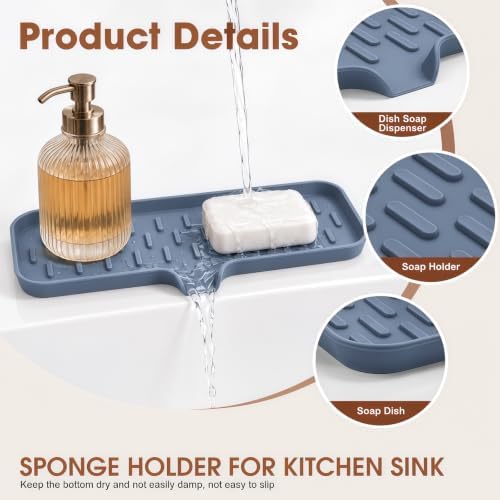 CAKETIME 2 Pack Silicone Soap Dish with Drain Spout for Bathroom Shower Caddy Kitchen Counter Sponge Holder Bar Sink Organizer Tray Container Drying Accessories Small Case Saver Box Stuff Blue Large - Image 2