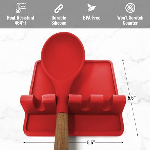 Zulay Kitchen Silicone Utensil Rest with Drip Pad for Multiple Utensils - BPA-Free, Heat-Resistant Spoon Rest & Spoon Holder for Stove Top - Kitchen Utensil Holder for Ladles & Tongs - Red - Image 5