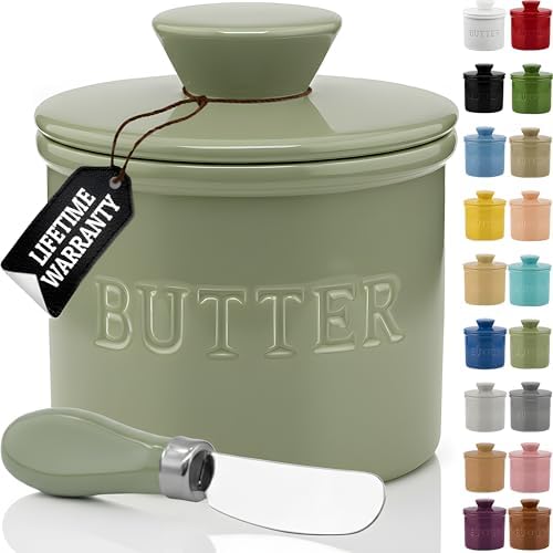 Priority Chef Butter Crock with Lid for Countertop with Spreader Knife and Water Line, Soft Spreadable Butter, Ceramic French Butter Dish with Lid, Sage by PriorityChef