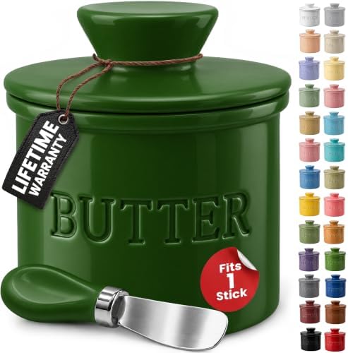 Priority Chef Butter Crock with Lid for Countertop with Spreader Knife and Water Line, Soft Spreadable Butter, Ceramic French Butter Dish with Lid, Formal Garden by PriorityChef
