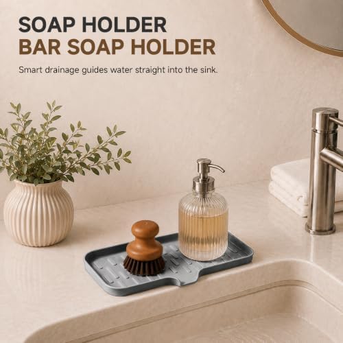 CAKETIME 2 Pack Silicone Soap Dish with Drain Spout for Bathroom Shower Caddy Kitchen Counter Bar Sponge Holder Drying Rack Sink Organizer Apartment Home Household Necessities Light Gray Medium - Image 4