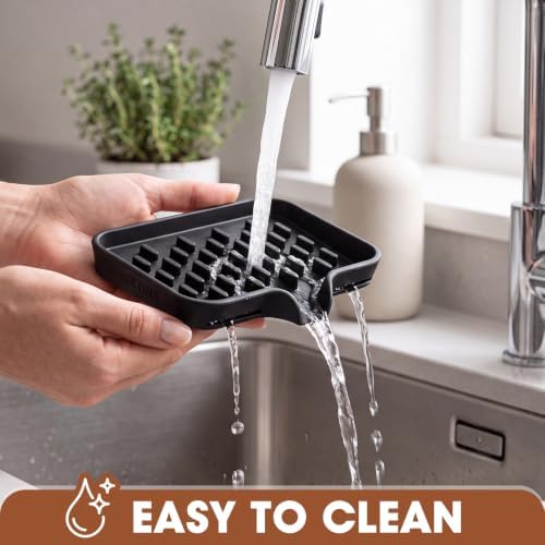 CAKETIME 2 Pack Silicone Soap Dish with Drainage Holes for Bathroom Shower Caddy Kitchen Counter Sponge Holder Bar Sink Organizer Gadgets Gears Items Self Draining Jabonera Generic Random Stuff Black - Image 4