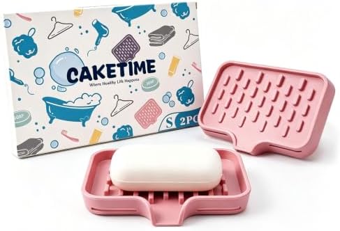 CAKETIME 2 Pack Silicone Soap Dish with Drainage Holes for Bathroom Shower Caddy Kitchen Counter Sponge Holder Bar Sink Organizer Tray Container Drying Toiletries Essentials Cute Girl Pink Gifts by CAKETIME