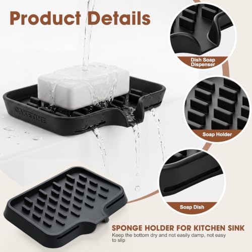 CAKETIME 2 Pack Silicone Soap Dish with Drainage Holes for Bathroom Shower Caddy Kitchen Counter Sponge Holder Bar Sink Organizer Gadgets Gears Items Self Draining Jabonera Generic Random Stuff Black - Image 2