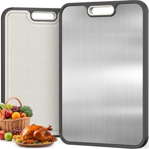 Titanium Cutting Board for Kitchen, Dual-Sided Pure Titanium Surface & Food-Safe PP Chopping Board, Non-Porous, Odor Resistant, Juice Groove, Grinder, Anti-Slip Edges, Easy Clean, 16 x 11 Inch by Unknown