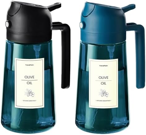 TrendPlain 16oz/470ml Blue Glass Olive Oil Sprayer for Cooking - 2 in 1 Olive Oil Dispenser for Kitchen Gadgets, Air Fryer, Salad, and BBQ (1 Pack, Black & Navy) by TrendPlain