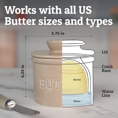 Priority Chef Butter Crock with Lid for Countertop with Spreader Knife and Water Line, Soft Spreadable Butter, Ceramic French Butter Dish with Lid, Latte - Image 4