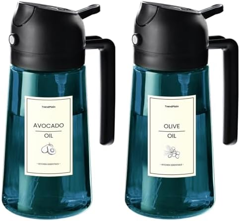 TrendPlain 16oz/470ml Blue Glass Olive Oil Sprayer for Cooking - 2 in 1 Olive Oil Dispenser for Kitchen Gadgets, Air Fryer, Salad, and BBQ - 2 Black by TrendPlain