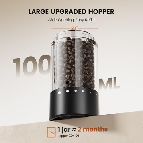 Electric Salt and Pepper Grinder Set - Rechargeable Automatic Salt and Pepper Shakers, Kitchen Appliances with External Adjustable Coarseness, Larger Hopper for Cooking, Home Gifts(2 Pack,Black/Black) - Image 4