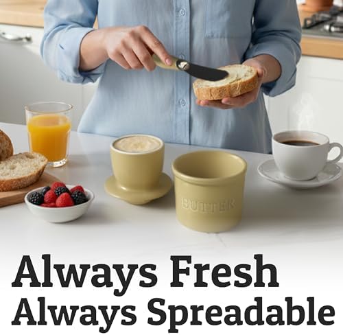 Priority Chef Butter Crock with Lid for Countertop with Spreader Knife and Water Line, Soft Spreadable Butter, Ceramic French Butter Dish with Lid, Khaki - Image 4