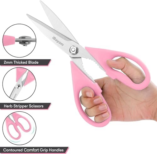 iBayam Pink Kitchen Scissors All Purpose Heavy Duty & Comfort Grip & Cover - Image 4