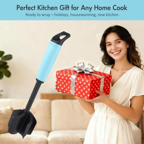 Ourokhome Meat Chopper and Potato Masher, Heat Resistant Nylon Ground Beef Smasher for Hamburger, 5 Curved Blades Nonstick Safe Mixer & Stirrer Practical Kitchen Gadgets, Teal - Image 6