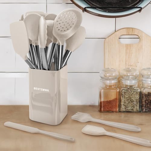 Kitchen Utensil Set-Silicone Cooking Utensils-33 Kitchen Gadgets & Spoons for Nonstick Cookware-Silicone and Stainless Steel Spatula Set-Best Kitchen Tools, Useful Pots (Khaki) - Image 3