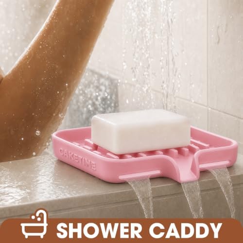 CAKETIME 2 Pack Silicone Soap Dish with Drainage Holes for Bathroom Shower Caddy Kitchen Counter Sponge Holder Bar Sink Organizer Tray Container Drying Toiletries Essentials Cute Girl Pink Gifts - Image 3