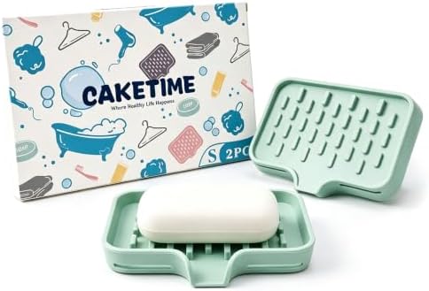 CAKETIME 2 Pack Silicone Soap Dish with Drainage Holes for Bathroom Shower Caddy Kitchen Counter Sponge Holder Bar Sink Organizer Suction Cup Dispenser Shampoo Hanging Office Tools Storage New Green by CAKETIME