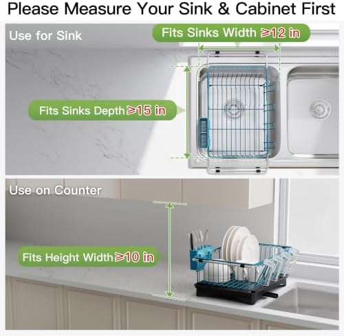 JASIWAY Blue Dish Drying Rack in Sink with Drainboard and Utensil Holder - Image 3