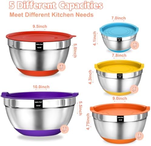 Umite Chef Mixing Bowls with Airtight Lids Set, 8PCS Stainless Steel Nesting Bowls Set, 3 Grater Attachments & Non-Slip Bottoms, Size 5, 4, 3.5, 2, 1.5QT for Baking & Mixing(Colorful) - Image 2