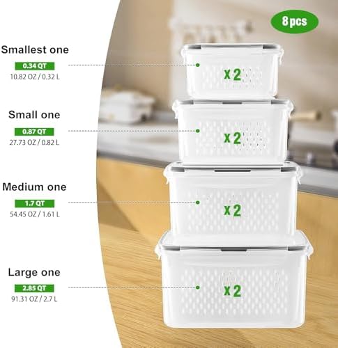 Freshmage Fruit Storage Containers for Fridge with Removable Colander 8 pcs - Image 2