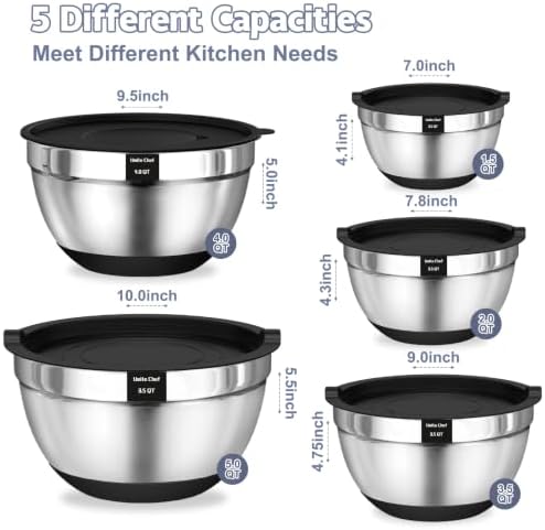 Umite Chef Mixing Bowls with Airtight Lids Set, 8PCS Stainless Steel Nesting Bowls Set, 3 Grater Attachments & Non-Slip Bottoms, Size 5, 4, 3.5, 2, 1.5QT for Baking & Mixing(Black) - Image 2