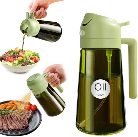 YARRAMATE 16oz/470ml Light Blocking Oil Sprayer for Cooking with Stickers, Food-Grade 2 in 1 Olive Oil Dispenser Bottle for Kitchen, Premium Dark Green Glass Oil Bottle for Air Fryer, BBQ (Green) by YARRAMATE