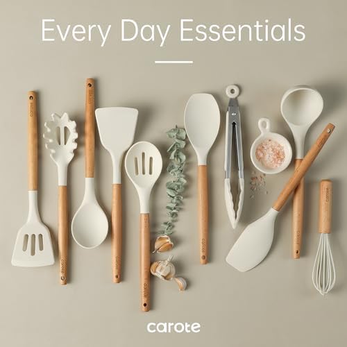CAROTE Silicone Cooking Utensils Set, Kitchen Utensils Set 10 Pcs for cooking, BPA Free Spatula Set with Heat Resistant Wood Handles for Nonstick Cookware (Cream White) (Pack of 2) - Image 7