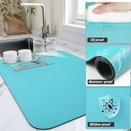 HotLive Dish Drying Mat for Kitchen Counter, Heat Resistant Drainer Mats with Non-slip Rubber Backed, Hide Stain Kitchen Super Absorbent Draining Mat, Easy to Clean Dish Rack Pad, Teal 16"x18" - Image 3