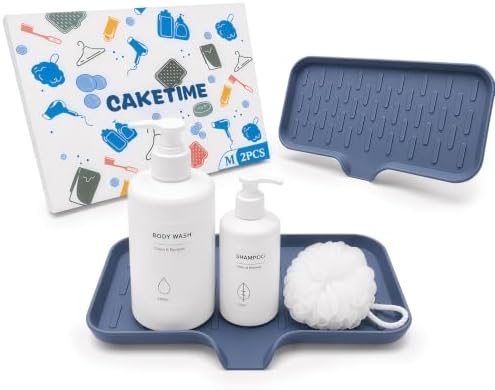 CAKETIME 2 Pack Silicone Soap Dish with Drain Spout for Bathroom Shower Caddy Kitchen Counter Sponge Holder Bar Sink Organizer Tray Container Drying Accessories Small Case Saver Box Stuff Blue Medium by CAKETIME