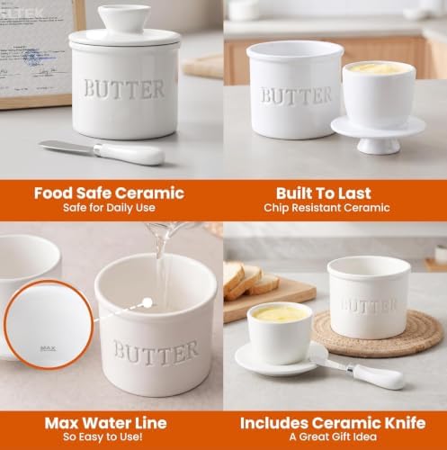 Priority Chef Large Butter Crock with Lid with Water Line, Ceramic French Butter Dish to Leave On Counter, Holds 2 Sticks, White - Image 6