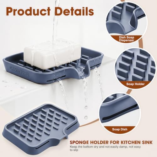 CAKETIME 2 Pack Silicone Soap Dish with Drainage Holes for Bathroom Shower Caddy Kitchen Counter Sponge Holder Bar Sink Organizer Tray Container Drying Accessories Small Case Saver Box Stuff Blue - Image 2