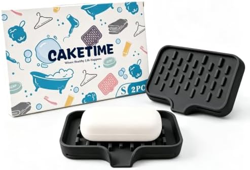 CAKETIME 2 Pack Silicone Soap Dish with Drainage Holes for Bathroom Shower Caddy Kitchen Counter Sponge Holder Bar Sink Organizer Gadgets Gears Items Self Draining Jabonera Generic Random Stuff Black by CAKETIME