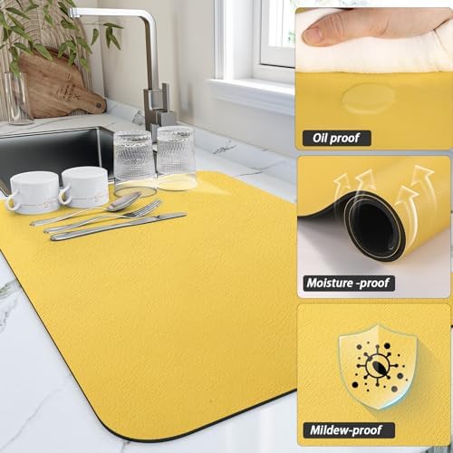 HotLive Dish Drying Mat for Kitchen Counter, Heat Resistant Drainer Mats with Non-slip Rubber Backed, Hide Stain Kitchen Super Absorbent Draining Mat, Easy to Clean Dish Rack Pad, Yellow 16"x20" - Image 3