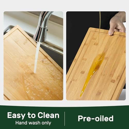 Kikcoin 20”×14” Bamboo Cutting Boards for Kitchen, Wooden Healthy Cutting Boards for Charcuterie, Vegetables, Cheese, Bread, Extra Large Chopping Boards with Deep Juice Groove and Handle, Natural - Image 6