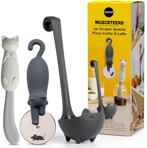 OTOTO Muscateers Bundle of Mary Cat, Katie, Kitty - Jar Scraper Spatula, Soup Ladle, Pizza Cutter - Cute Kitchen Accessories, Spooky Gothic Cat Gifts for Women, Kitchen Gifts, Halloween Gifts by OTOTO