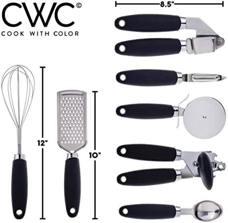COOK WITH COLOR Kitchen Gadget Set Stainless Steel Utensils with Soft Touch Handles, 7 Pieces, Stainless Steel Black - Image 2