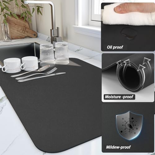 HotLive Dish Drying Mat for Kitchen Counter, Heat Resistant Drainer Mats with Non-slip Rubber Backed, Hide Stain Kitchen Super Absorbent Draining Mat, Easy to Clean Dish Rack Pad, Black 18"x28" - Image 3