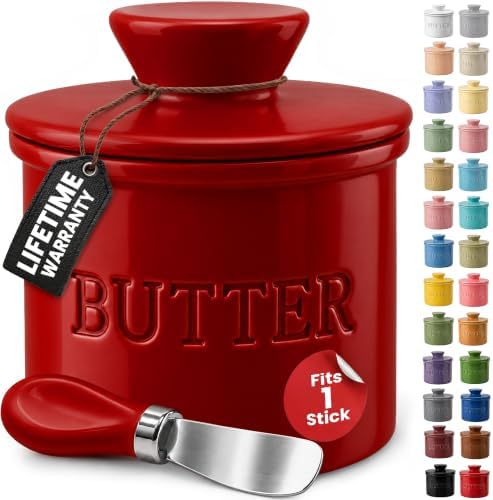 Priority Chef Butter Crock with Lid for Countertop with Spreader Knife and Water Line, Soft Spreadable Butter, Ceramic French Butter Dish with Lid, Winery by PriorityChef
