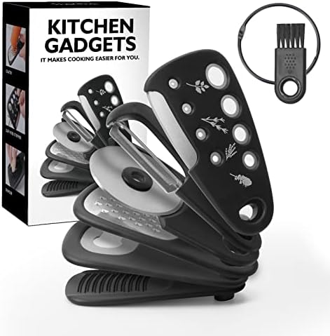 Kitchen Gadgets Set 6 Pieces, Space Saving Cooking Tools Kitchen Accessories-Garlic Grinder, Cheese Grater, Vegetable Peeler, Pizza Cutter, Herb Stripper, Bottle Opener, Gadgets Gift Set (Black) by WMM