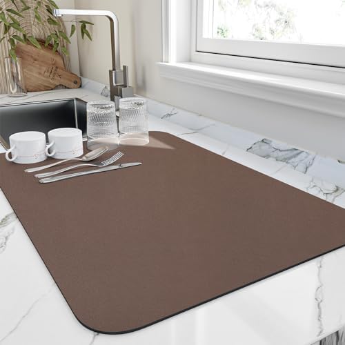 HotLive Dish Drying Mat for Kitchen Counter, Heat Resistant Drainer Mats with Non-slip Rubber Backed, Hide Stain Kitchen Super Absorbent Draining Mat, Easy to Clean Dish Rack Pad, Brown 18"x28" by HotLive