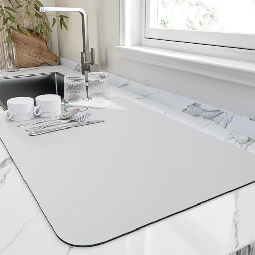HotLive Dish Drying Mat for Kitchen Counter, Heat Resistant Drainer Mats with Non-slip Rubber Backed, Hide Stain Kitchen Super Absorbent Draining Mat, Easy to Clean Dish Rack Pad, Light Grey 16"x18" by HotLive