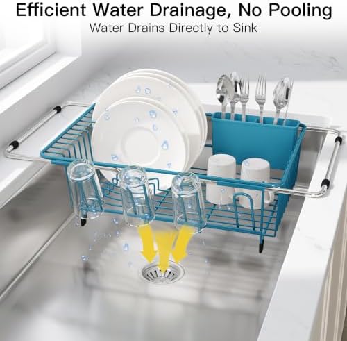 JASIWAY Blue Dish Drying Rack in Sink, Dish Drainer with Utensil Holder - Image 6
