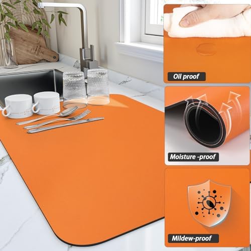 HotLive Dish Drying Mat for Kitchen Counter, Heat Resistant Drainer Mats with Non-slip Rubber Backed, Hide Stain Kitchen Super Absorbent Draining Mat, Easy to Clean Dish Rack Pad, Orange 18"x28" - Image 3