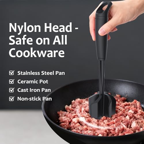 Ourokhome Meat Chopper and Potato Masher, Heat Resistant Nylon Ground Beef Smasher for Hamburger, 5 Curved Blades Nonstick Mixer & Stirrer, Practical Kitchen Gadgets, Black - Image 2