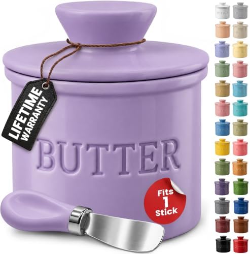 Priority Chef Butter Crock with Lid for Countertop with Spreader Knife and Water Line, Soft Spreadable Butter, Ceramic French Butter Dish with Lid, Lilac by PriorityChef