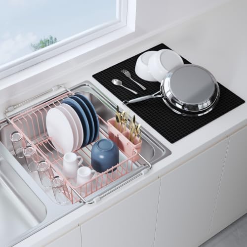 JASIWAY Pink Dish Drying Rack in Sink with Mat, Cups and Utensil Holder by JASIWAY