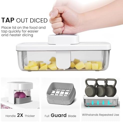 KEOUKE 8-in-1 Vertical Vegetable Chopper Mandoline Slicer with Container White - Safe Tap Out Dicer with Hand Guard for Kitchen Easy Food Prep, Onion Potato Veggie Fruit - Image 2